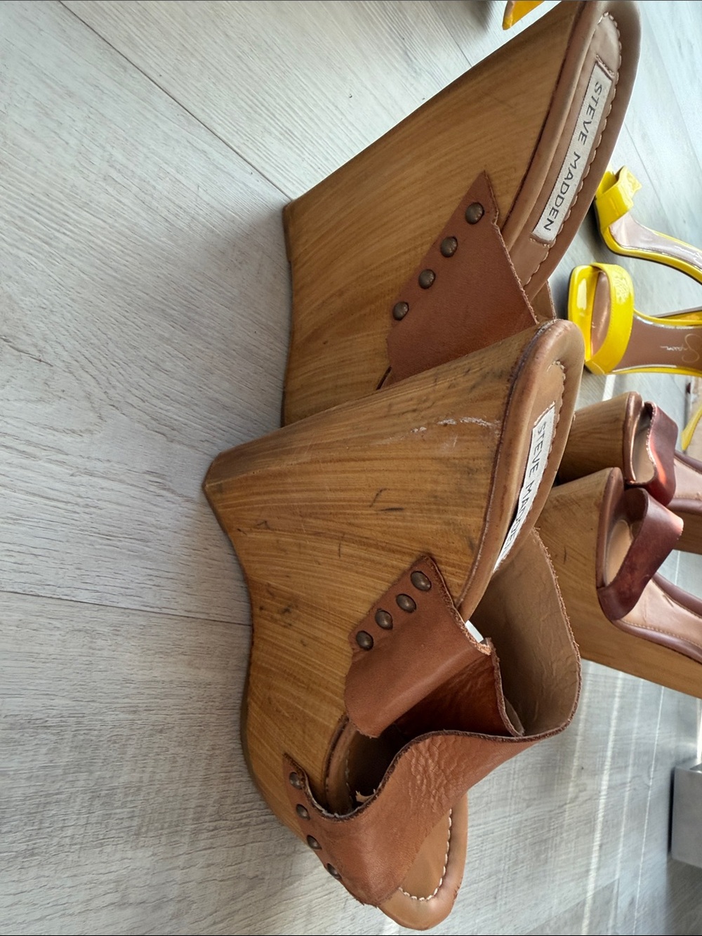Steve Madden Tan Leather Crisscross Wedge Sandals with Studs - Picture 13 of 14